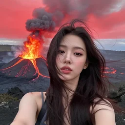 female kpop model taking a selfie in front of an active volcano with lava, eruption, trending on Twitter, cinematic, hair blowing in the wind, Korean woman, makeup, unbelievable photo, selca, asia, hawaii, asian, 20’s, young woman, beautiful photography, k-pop, high quality, flames and ash, what the, famous photo, red sky, unbothered