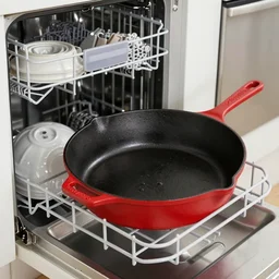 cast iron skillet pan loaded into dishwasher, anger, red