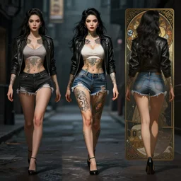 tattooed pinup girl samara weaving wearing a jacket and ripped shorts walking in a dark street, character sheet, character design,, contrast, deep focus, turnaround, highly detailed, dramatic lighting, digital painting, artstation, concept art, matte, sharp focus, illustration, elegant, kim jung gi, art by artgerm and greg rutkowski and alphonse mucha.