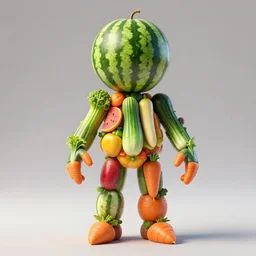a human with a head made of watermelon, hands of various vegetables, legs made of fruits, and fingers made of carrots. highly detailed. 3 d rendered.