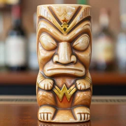 a closeup photorealistic photograph of a tiki mug sitting at a trader vic's bar with wonder woman's face on the front. tiki theme. bright scene. fine detail. this 4 k hd image is trending on artstation, featured on behance, well - rendered, extra crisp, features intricate detail, epic composition and the style of unreal engine.