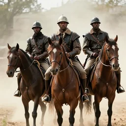movie still of the three african american musketeers sitting on their horses, epic angle