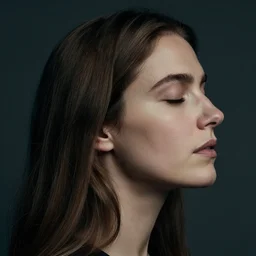A profile portrait of a woman with long hair and closed eyes by Gregory Crewdson. masterpiece. hq. ultra detailed. realistic. moody. cinematic.