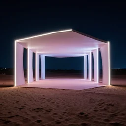 optical illusion architecture in the desert at night, open space architecture, minimalistic architecture, neon light, james turrel,