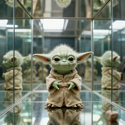 a room completely made of mirrors and yoda sitting in the middle of the room. very bright lighting, detailed.