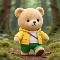 a photo of a cute and happy teddy bear toy, with green pants and yellow jacket, toy clothes, enjoying a stroll in the forest, telephoto, 5d mk2