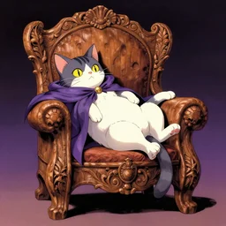 anime cat with cloak laying on a magical wood carved chair, super powers, retrowave, concept art, by greg rutkowski, overdetailed art