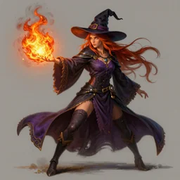 A sorceress with a witch hat casting a fire ball, beautiful painting, detailed illustration, digital art, overdetailed art, concept art, full character, character concept, long hair, full body shot, highly saturated colors, fantasy character, detailed illustration, hd, 4k, digital art, overdetailed art, concept art, Dan Mumford,  Greg rutkowski, Victo Ngai