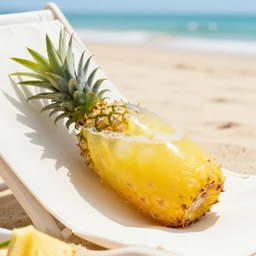 pineapple juice chilling on the beach lying in a sun bed, realistic, hdr, clear image, hdd, dynamic lighting, rtx on,