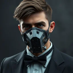 octane render, 3 d model of a rugged young engineer man with cybernetic enhancements wearing a suit and bowtie, detailed face with mask, octane render, 3 d digital art, unreal engine, scifi character portrait by greg rutkowski, esuthio, craig mullins, octane render, 1 / 4 headshot, cinematic lighting, dystopian scifi gear, gloomy, profile picture, mechanical, half robot, implants, steampunk