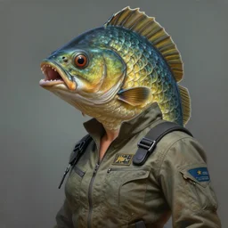epic professional digital airbrush art of female human - fish hybrid animal wearing air force jumpsuit, humanoid scaly fish head, fish mouth, painting, by neal adams and joelle julie, artstation, cgsociety, wlop, epic, much wow, much detail, gorgeous, detailed, cinematic, masterpiece