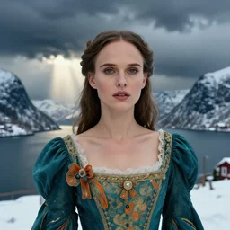 wizard, norway fjord, natalie portman, hudson river school, max rive, stormy seas, royal dress, f 1 6, bokeh, gentle, female, snowy, storm clouds, god rays, close up portrait, d & d, fantasy, elegant, teal orange color palette, concept art, roger deakins and greg rutkowski and alphonse mucha