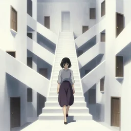 a creepy woman walking through a bright white staircase with many doors and hallways, mc escher architecture, very detailed background, epic composition, anime key visual, anime style, by makoto shinkai
