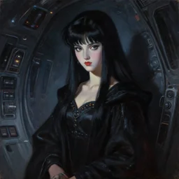 hyperrealism oil painting, complete darkness, medieval diva in alien movie high detailed spaceship interior, soft light, in style of classicism mixed with 8 0 s japanese sci - fi books art