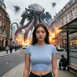 a perfect tight crop colour street level portrait photograph of bow high street in london an invading aerial fleet of armoured gargantuan giant mechanised squids, bombarding the area with flaming jelly attacks. a man is cowering beneath a bus shelter