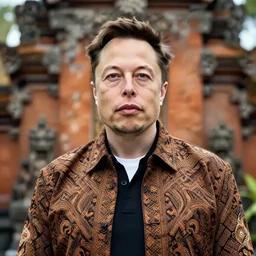 A Photo Portrait of elon musk Wearing Indonesian Batik at a fancy Balinese temple, award winning photography, sigma 85mm Lens F/1.4, blurred background, perfect faces