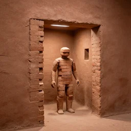 A brick man inside a house made of skin