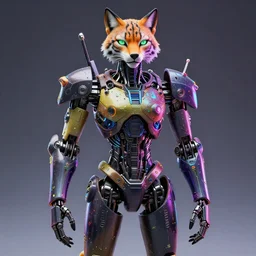 a maximalist very detailed centered fullbody artistic 3 d sculpture of a humanoid android with a head of a lynx. lowbrow blacklight color palette. artwork by subjekt zero. tools used : blender, cinema 4 d, houdini 3 d, zbrush central, unreal engine. substance designer. 8 k 3 d. collect influence from mechas and robots on artstation deviantart.