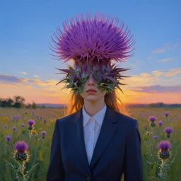 giant thistle flower face, girl in suit in field of flowers, surreal photography, sunrise, blue sky, dramatic light, impressionist painting, digital painting, artstation, simon stalenhag