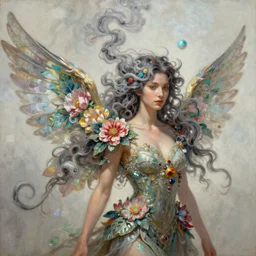 a colorful and provenance illustrations painting of the fantasy female with a floral wings, detailed, highly detailed, her hair made of hair made of air wind and curling smoke, mist, dust, genie, spirit fantasy concept art ， art by charlie bowater and greg rutkowski, trending on artstation.