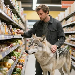 anthro Canis lupus arctos arctic wolf werewolf man buying groceries at supermarket professional photo
