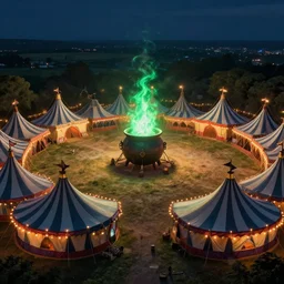 huge magical circus in a field at night with huge tents in a circle formation that have black and white stripes, a giant cauldron that has a green flame in the center, digital art, trending on artstation, 4 k
