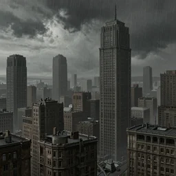 a detailed illustration of 1984 city with cinders and acid rain in a gloomy sky, artstation, by Peter Mohrbacher, Art Nouveau, sophisticated,  depth of field,Unreal engine, dystopia, anti-utopia, post processing, nostalgic melancholic artwork, intricate