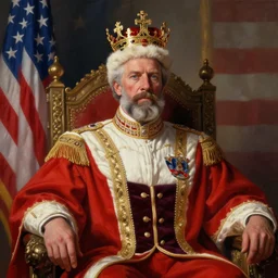 Portrait of the King president of the america wearing his crown, sitting on his throne with the united states flag by his side, digital painting, artstation, concept art, Craig Mullins , Breathtaking, 8k resolution, extremely detailed, beautiful, establishing shot, artistic, hyperrealistic, octane render, cinematic lighting, dramatic lighting, masterpiece, light brazen, extremely detailed and beautiful face