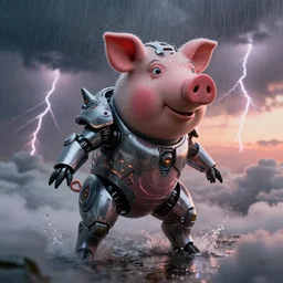 pepa the pig biblical diabolical beautiful female android spaceship, rain on face, shiny hi tech armor, dynamic pose, splashing, heavy eyes to the side, glowing veins, in clouds, rain and lightning storm, sunset, portrait, by gerald brom, by mikhail vrubel, by peter elson, muted colors, extreme detail, reflections, trending on artstation, 8 k