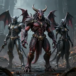 pitchburn devils, security rhox, sauroform hybrid, forbidding spirit, guardian project, hackrobat, cinematic, hyper realistic, detailed, 8k, octane render.