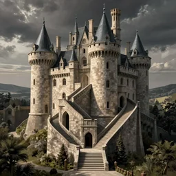 an ancient castle with many interconnected stairs, by M.C. Escher