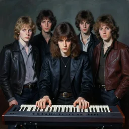 official portrait of an 8 0's synthesizer band in las vagas, 1 9 8 4, rim lighting, anton corbijn, sinister atmospheric lighting. highly detailed painting by greg rutkowski, anime style