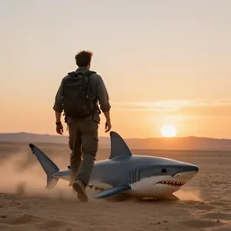 telephoto paul walker walks away riding a shark into a the sunset, desert, sunset, wind and dust blowing, movie ending