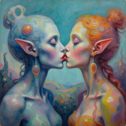 expressive painting by francesca sundsten of two bizarre psychedelic femme creatures kissing each other closeup. they are part of an alien landscape. speculative evolution, exobiology