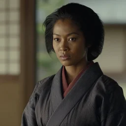 a film still of a black woman starring in a japanese blockbuster film as an ancient samurai, shallow depth of field, cinematic, award winning cgi, vfx, film still