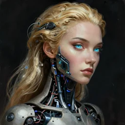 a woman turning into an Android portrait wearing wires and cybernetic body, dark surrealism , scifi, intricate, elegant, sharp eyebrows, ornate long flowing blonde hair, highly detailed cybernetic body, neon glowing eyes, digital painting, artstation, concept art, smooth, sharp focus, illustration, art by Artgerm and moebius and Peter Mohrbacher