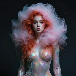 dramatic lighting photo of a beautiful! ethereal ginger young woman wearing glittery latext suit with cotton candy hair. paint splashes. moody and melancholy. with a little bit of rainbow colors. digital art by beeple