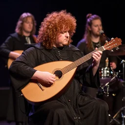 curly redhead lute player playing the lute, overweight cleric, victo ngai, kilian eng, lois van baarle