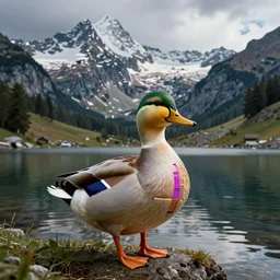 a vaporwave cybernetic mallard duck on a mountain lake in the swiss alps by antoni gaudi. art by rolf armstrong, edward hopper, and eyvind earle.