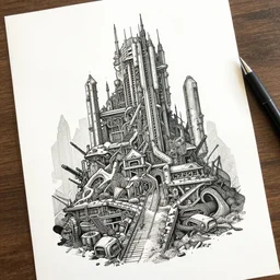 Detailed color Tattoo stencil drawing, excellent composition, dystopian brutalist