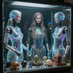 Ladies in holograms, with robotic arms, of alien artifacts, total recall tech, electrical case display , ultrarealistic, dramatic lighting, electrical details, high details, 4k, 8k, best, accurate, trending on artstation, artstation, photorealism, ultrarealistic, digital painting, style of Caravaggio, Boris Vallejo
