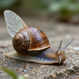 a hyper realistic snail with a cat head and moth wings, very detailed, life like 4