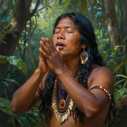 a beautiful painted portrait of an indigenous shaman chanting in the jungle, matte painting, fantasy art, ayahuasca