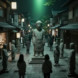 everyone on the streets of japan suddenly turned into stone statues, the situation was eerie and silent dr. stone film footage, with green light effect from above