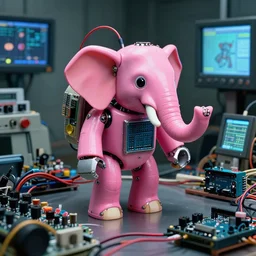 a old photograph of a biohacked pink elephant robot, a lot of button potenciometers cables and wires, display, arduino, diy, biohacking, ultra detailed, ultra realistic, japanese horror movie footage, 8 k, chromatic aberration, dof