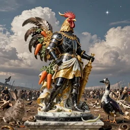 portrait, war, knight, rooster, feathers, horns, famine, death, war, wide angle, puffy clouds, skies behind, stars in sky, italian masterpiece, Ashford Black Marble, sculpture, baroque, draped with orange carrot and vines and spines, marble and gold, drapes, white details, beetle, still life, Obsidian, portrait, rabbit, snails vs worms, goose, render, artstation, ultra detailed