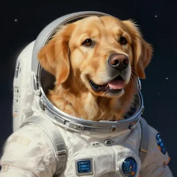 a golden retriever in a space suit, highly detailed, digital painting, artstation, concept art, sharp focus, illustration, art by greg rutkowski and alphonse mucha