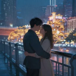 hugging the love of your life in the rain at night in a modern chinese city on a bridge, volumetric lighting, realistic illustration, perfectly shaded, soft painting, dreamlike, moody lighting, artstation, backlight, bokeh