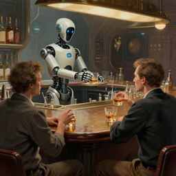 two men sitting at a bar drinking whiskey being served by a robot bartender, near future, sci - fi concept art, by greg rutkowski and norman rockwell, highly detailed, intricate details, soft lighting, studio lighting