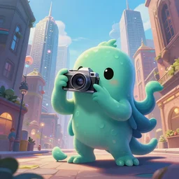 cute cthulhu doing tourism in europe with a reflex photocamera, in the big city, skyscrapers, fantasy digital art, wow, stunning, ghibli style, hight quality
